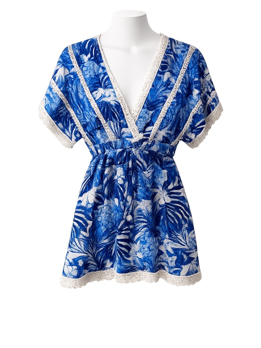America & Beyond Blue Tropical Tunic Dress XS Lace Trim Boho NWT